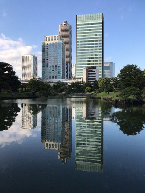 旧芝離宮恩賜庭園の大泉水に映る東京のオフィスビル